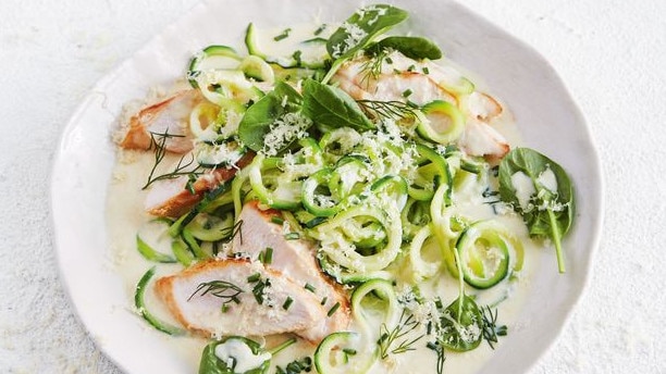 Healthier chicken breast and zucchini linguine.