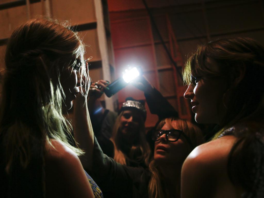 Backstage of Swim show at Carriageworks for Fashion Week. Last minute touch ups. Picture: Dylan Robinson