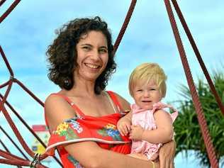 Letea Cavander with her daughter Tallulah Stuart at Coolum Beach. Picture: John McCutcheon