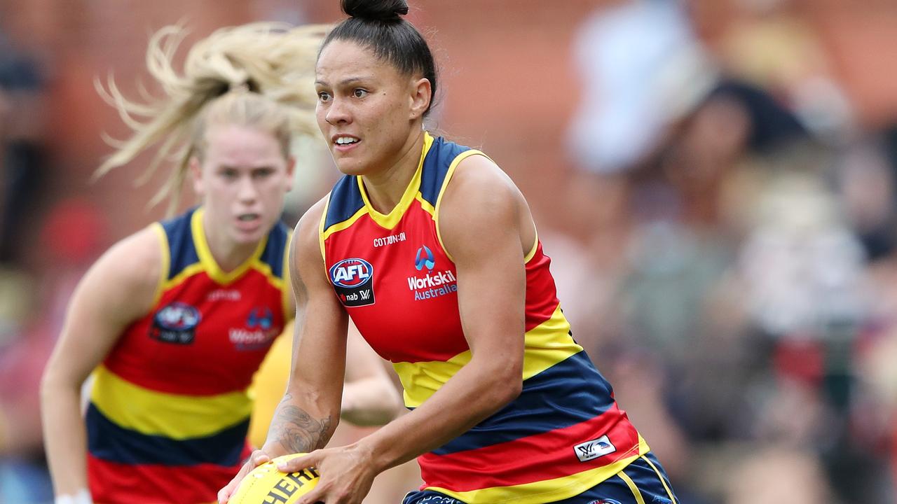 Stevie-Lee Thompson of the Crows during the 2022 AFLW match between the Adelaide Crows and the Western Bulldogs. Picture: Sarah Reed/AFL Photos via Getty Images.