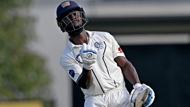 PEGSÃ Carlos Maynard celebrates after scoring 100 runs during the VTCA Sydenham-Hillside v PEGS cricket match in Hillside, Saturday, Feb. 11, 2023.Picture: Andy Brownbill