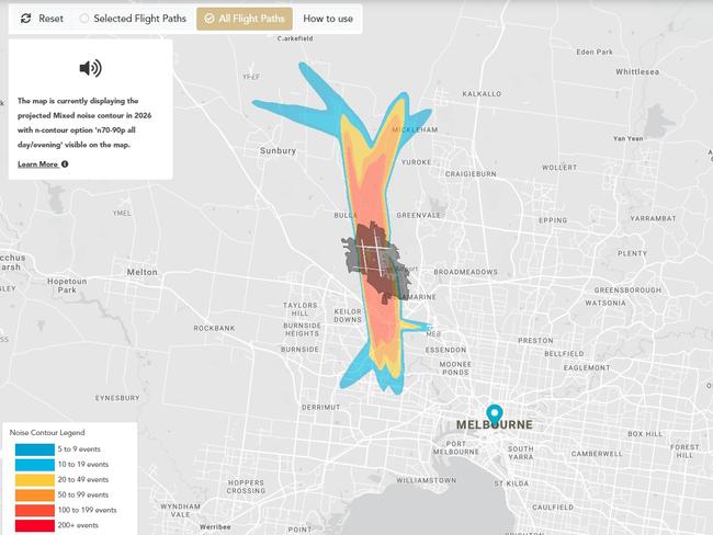 Melbourne Airport’s prediction of how many times you will hear a plane noise - between 70db and 90db - in surrounding suburbs.