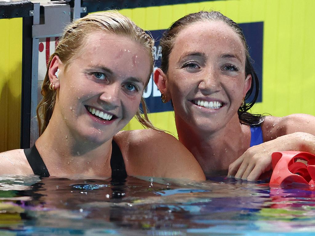 Ariarne Titmus and Lani Pallister after qualifying for Paris in the women’s 400m Freestyle Final. Picture: Chris Hyde/Getty Images