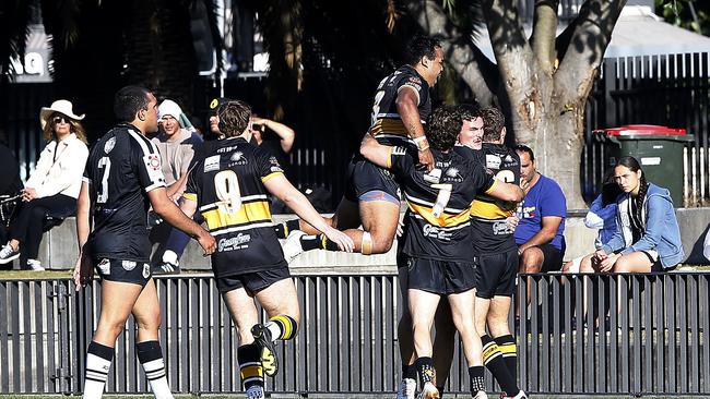 Matraville players celebrate a try. Picture: John Appleyard