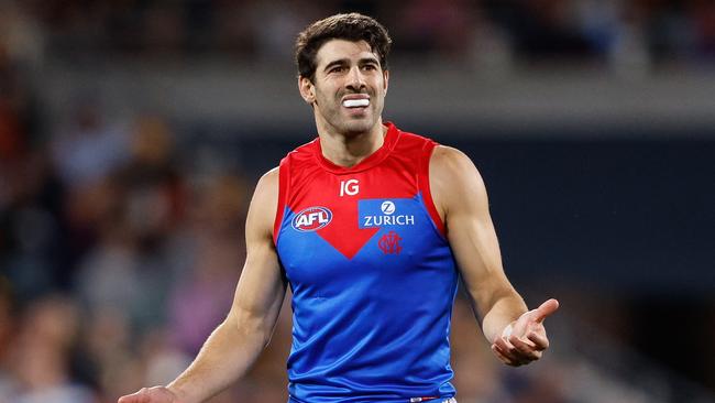 ADELAIDE, AUSTRALIA - APRIL 04: Christian Petracca of the Demons reacts during the 2024 AFL Round 04 match between the Adelaide Crows and the Melbourne Demons at Adelaide Oval on April 04, 2024 in Adelaide, Australia. (Photo by Dylan Burns/AFL Photos via Getty Images)