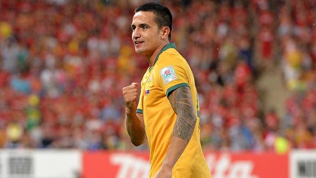 BRISBANE, AUSTRALIA - JANUARY 22: Tim Cahill of Australia celebrates after scoring a goal during the 2015 Asian Cup match between China PR and the Australian Socceroos at Suncorp Stadium on January 22, 2015 in Brisbane, Australia. (Photo by Bradley Kanaris/Getty Images)