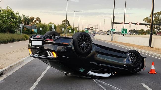 This Ford Mustang ended up on its roof after a crash at Croydon Park. Picture: SA Police