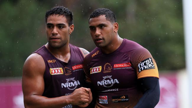 Joe Ofahengaue and Tevita Pangai Jr at training. Picture: Adam Head