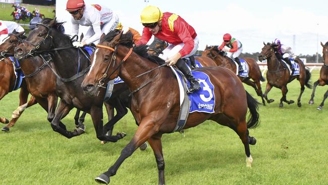 The Anthony Cummings-trained Burnette (red and yellow silks, yellow cap) wins at Kembla Grange in May. Picture: Bradley Photos