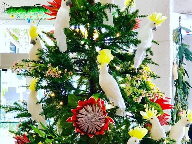 Aussie Christmas tree with cockatoos, spotted in Absolutely Fabulous, Woolloongabba. Credit: @kerrienajones
