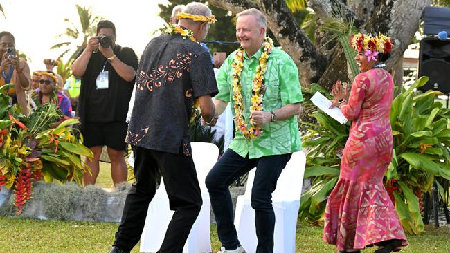 Anthony Albanese sticks to tradition by dancing at the Pacific Islands Forum in Aitutaki, Cook Islands, on Thursday (AEDT). Picture: Mick Tsikas/AAP