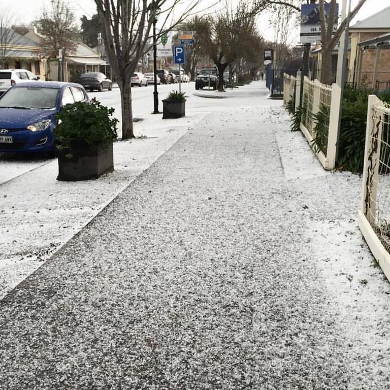 Ice and hail cover the street at Hahndorf. Pic: Sandra Berry Real Estate/Facebook