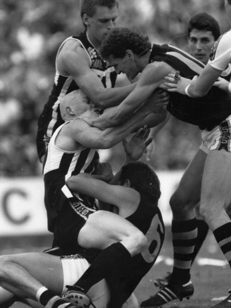 Glenelg's Wayne Stringer (right) tangles with Port's Richard Foster and Rohan Smith. And at the bottom is Glenelg's John Schneebichler in 1988.