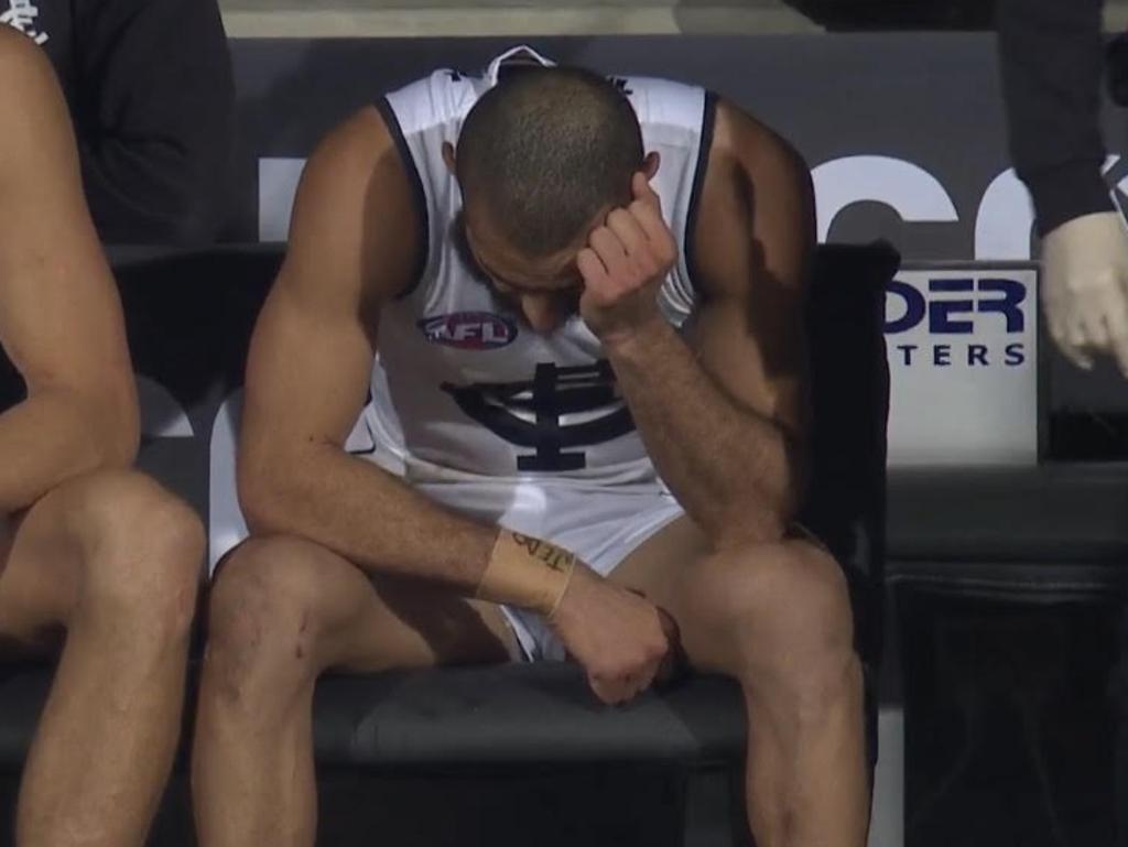 Blues star Adam Saad cut an emotional figure in the latter stages of Carlton's loss. Image: Fox Footy