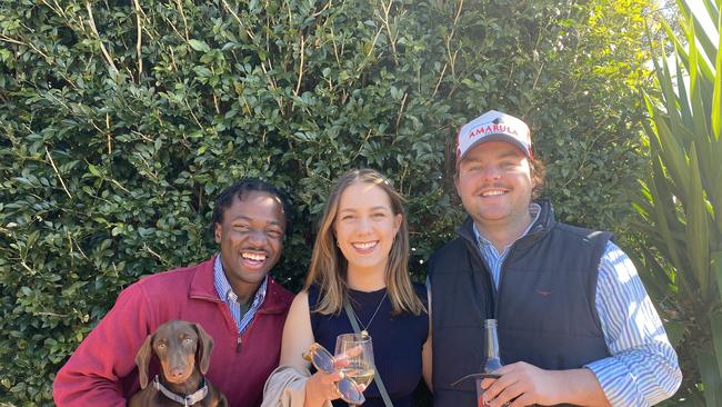 Milford the dog, Tomi Orundami, Lucy Gibson and Tom Robson. Picture: Tijana Birdjan