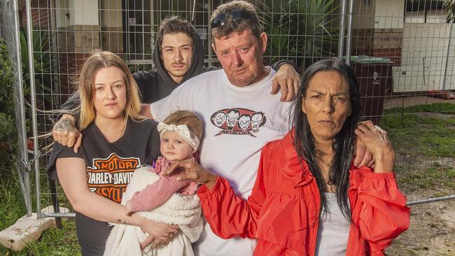 Rochelle with baby Indiana, Luke, Peter and Treena Rice say they are living in absolute distress since being evicted. Picture: Rob Leeson