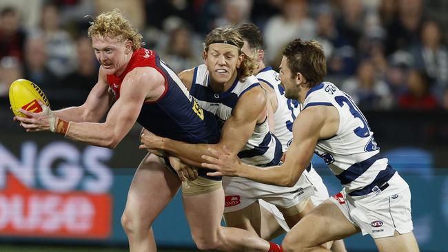 Is a 10 per cent decrease in time on ground the reason for Clayton Oliver stepping away ahead of the clash against West Coast this week? Sam McClure thinks so. Picture: Michael Klein