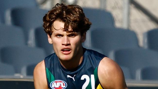 MELBOURNE, AUSTRALIA - APRIL 13: Joel Cochran of the AFL Academy in action during the 2024 AFL Academy match between the Marsh AFL National Academy Boys and Coburg Lions at Ikon Park on April 13, 2024 in Melbourne, Australia. (Photo by Michael Willson/AFL Photos)