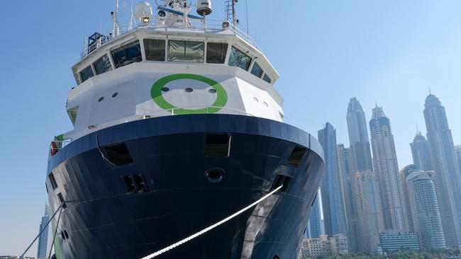 Andrew Forrest’s ‘rock star’ ship, Green Pioneer, the world’s first ship powered by ammonia, berthed at Dubai Marina for COP28 last December. Picture: Jacquelin Magnay