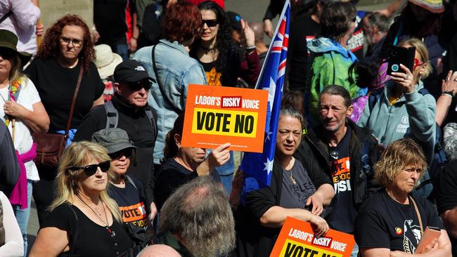 Some hold signs reading: “Vote No”. Picture: NCA NewsWire / Luis Enrique Ascui