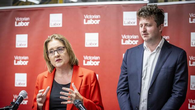 Premier Jacinta Allen and John Lister speak to supporters at Labor's Werribee election party. Picture: Jake Nowakowski