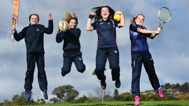 Seaview High students Michael,13,Caitlan,14,Taniel,14, and Sophia,16, are excited about their school’s plans for a sports upgrade. Picture: AAP/Mark Brake