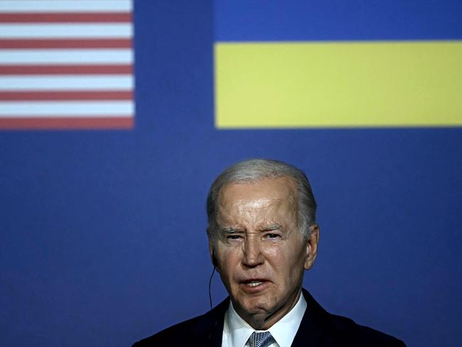 US President Joe Biden attends a press conference with Ukrainian President Volodymyr Zelenskyy at the Masseria San Domenico on the sidelines of the G7 Summit. Picture: AFP