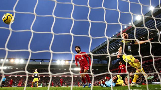 Liverpool’s Mohamed Salah celebrates after scoring his team's fourth goal. Picture: Getty Images.
