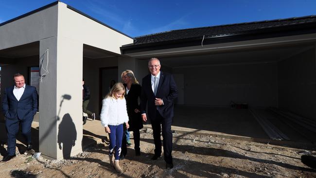 Prime Minister Scott Morrison at a residential building site in Caddens to speak with young families about the Coalition’s First Home Loan Deposit Scheme. Picture: Gary Ramage