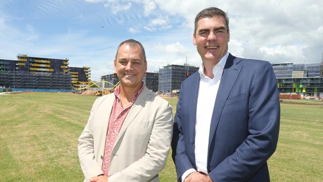 Lead architect Peter Edwads and Grocon CEO Craig Mitchell at the Commonwealth Games Village site earlier this year. Picture: Mike Batterham