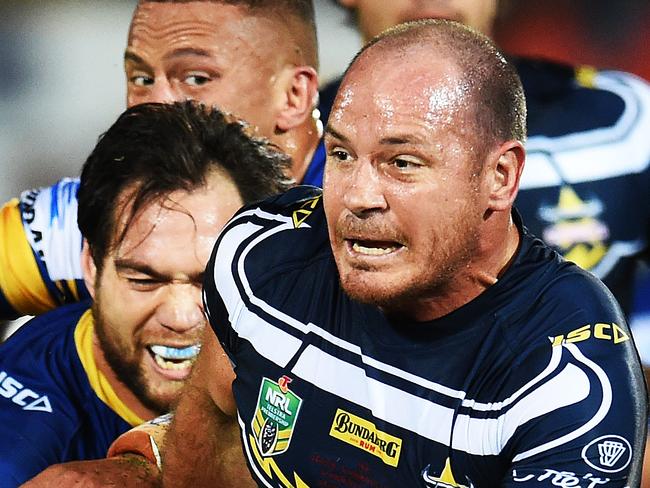 North Queensland Cowboys v Parramatta Eels from 1300 Smiles Stadium, Townsville.  Cowboys Matt Scott is tackled. Picture: Zak Simmonds