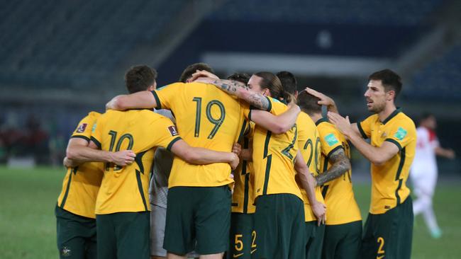 The Socceroos celebrate Harry Souttar’s goal against Jordan. Picture: Yasser Al-Zayyat / AFP