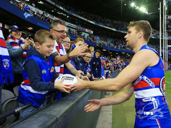 AFL 2017: Western Bulldogs vs. St Kilda. Jake Stringer celebrates the win with fans. Picture: Mark Stewart