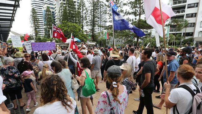 Protesters Rally against mandatory vaccines at the Millions March at Kurrawa Park on Saturday. Pic Mike Batterham