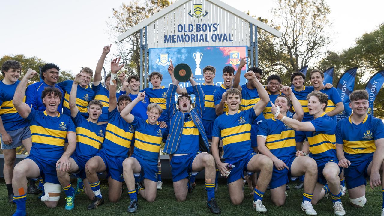 Grammar’s First XV celebrating after claiming the O'Callaghan Cup.