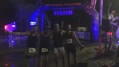 The first team to cross the line in the 96km Kokoda Challenge