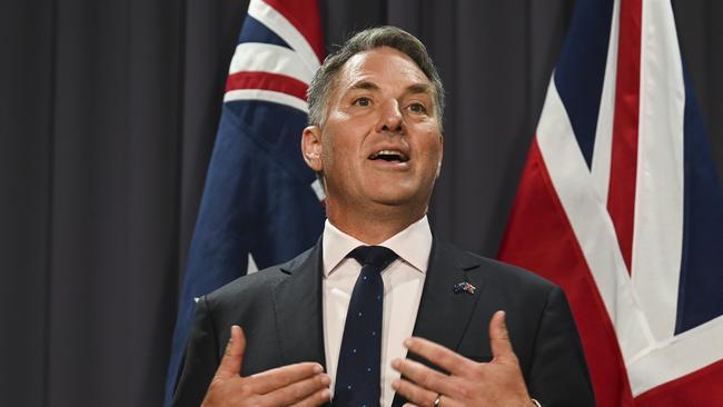 CANBERRA, AUSTRALIA, NewsWire Photos. MARCH 21, 2024: The Deputy Prime Minister, Richard Marles and Secretary of State for Defence of the United Kingdom, the Rt Hon Grant Shapps MP hold a press conference following the Australia-United Kingdom Defence Ministers' Meeting at Parliament House in Canberra. Picture: NCA NewsWire / Martin Ollman