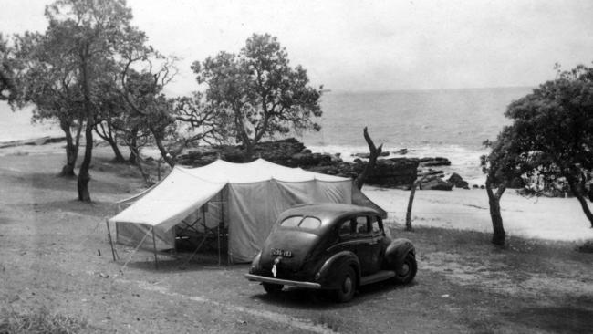 One of the many camping sites on the foreshore of Mooloolaba Beach, during the annual Christmas-New Year holiday period, 1937