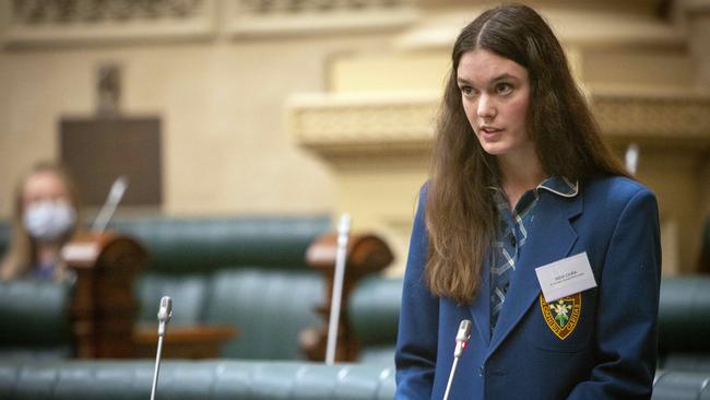 India Ciura, from St Joseph’s School at Port Lincoln speaks about mental health as part of The Advertiser’s Teen Parliament at Parliament House earlier this year. Picture: Emma Brasier