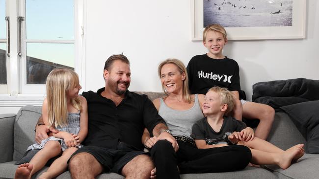 Imogen and Louis Molines with their children Axel, 4, Gigi, 7, and Oscar, 9, who are all homeschooling. Picture: Jonathan Ng