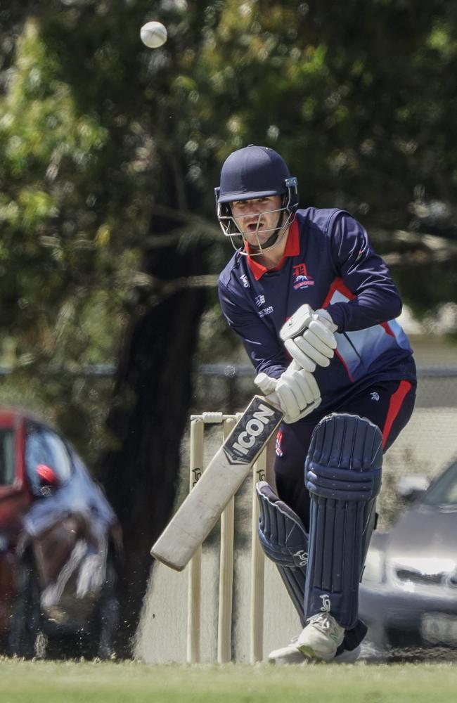 Dandenong batsman Josh Slater defends. Picture: Valeriu Campan