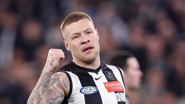 MELBOURNE, AUGUST 3, 2024: 2024 AFL Football - Round 21 - Collingwood Magpies V Carlton Blues at the MCG. Jordan De Goey of the Magpies celebrates a goal. Picture: Mark Stewart