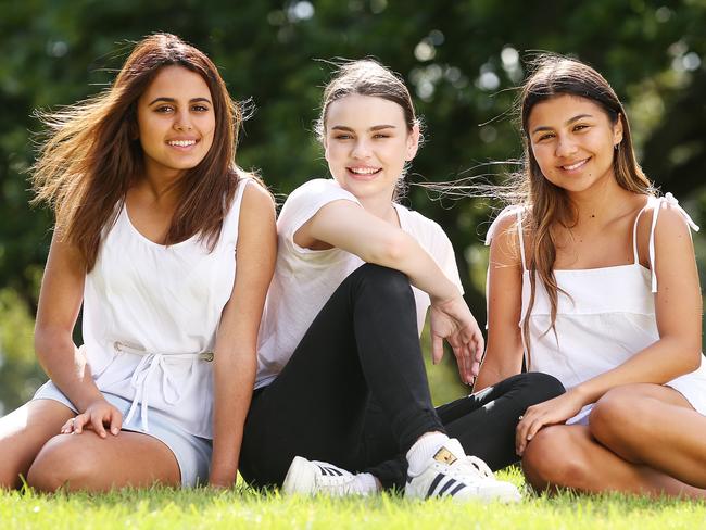 Teens Ellie Mussington, Ali Kitinas and Chloe Thomas say some of the online horror stories they have heard have made them very wary about social media. Picture: Sam Ruttyn.