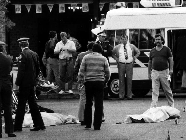 Covered bodies outside the Viking Tavern after the Milperra massacre in 1984.