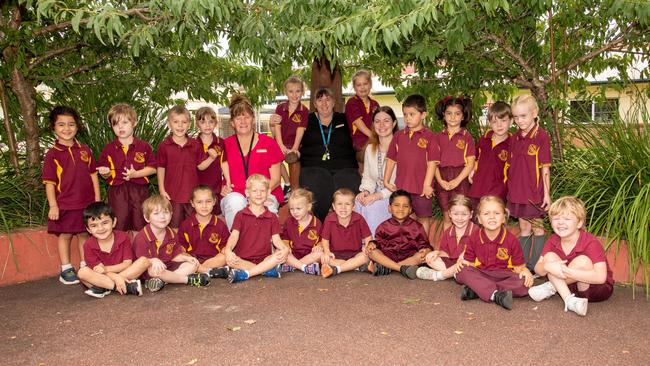 My First Year 2023: Newtown State School Prep H students with (from left) teacher aide Margaret Thomas, teacher Suzie Richards and teacher aide Brooke Webb. Absent is teacher Katy Harris, March 2023. Picture: Bev Lacey