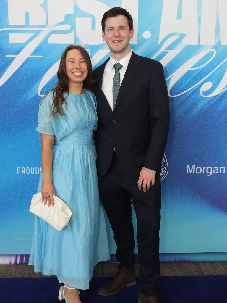 Geelong Cats’ AFLW best and fairest Blue Carpet arrivals at Kardinia Park — Rose Messelwhite and Joel Farrington Picture: Mark Wilson