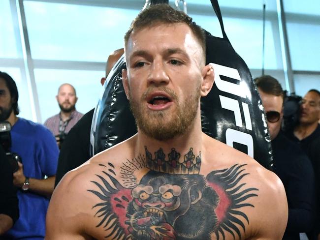 LAS VEGAS, NV - AUGUST 11: UFC lightweight champion Conor McGregor holds a media workout at the UFC Performance Institute on August 11, 2017 in Las Vegas, Nevada. McGregor will fight Floyd Mayweather Jr. in a boxing match at T-Mobile Arena on August 26 in Las Vegas.   Ethan Miller/Getty Images/AFP == FOR NEWSPAPERS, INTERNET, TELCOS & TELEVISION USE ONLY ==