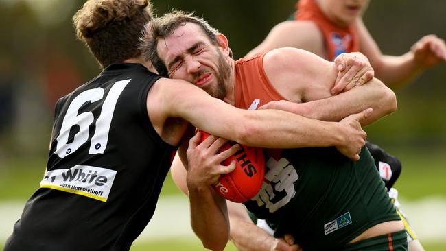 VAFA: James McGee of UHS-VU is tackled by Glen Eira’s Jesse Maxfield. Picture: Josh Chadwick