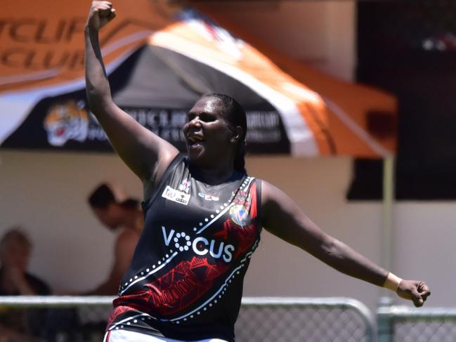 The Tiwi Bombers celebrated their second win of the NTFL 2022-23 season against Nightcliff Tigers. Picture: Tymunna Clements / AFLNT Media