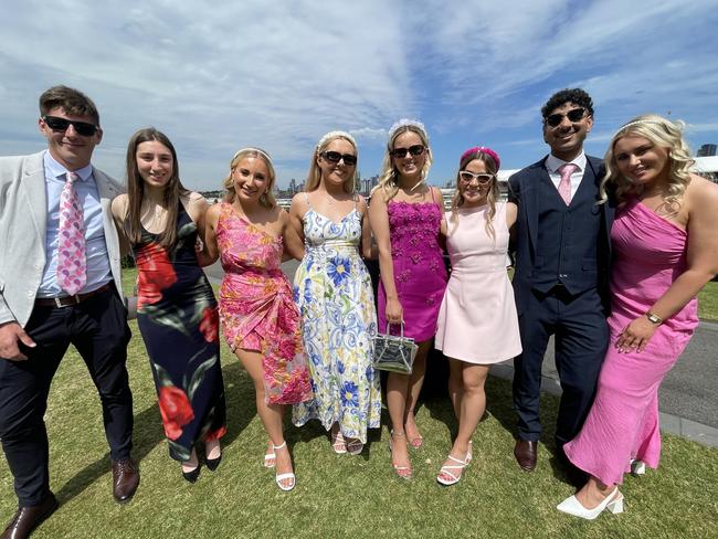 Jamie, Molly, John, Macad, Teagan, Emily, Dand, Deanne, Chloe and Emily at the 2024 Oaks Day. Picture: Himangi Singh.